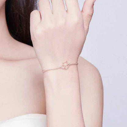 “Sweet Kitty Heart” 925 Sterling Silver Cat Heart Adjustable Bracelet