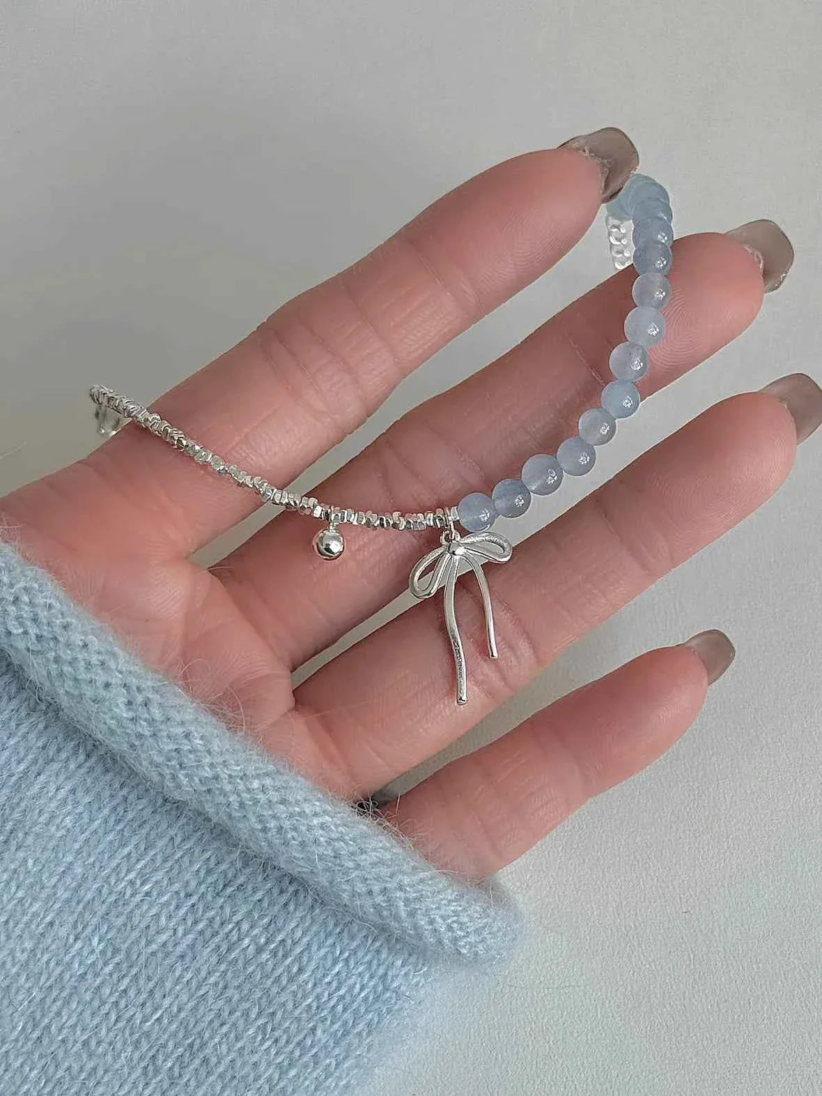 "Cool Blue Elegance" 925 Sterling Silver Blue Gemstone Bracelet with Bowknot - Chilly Chic, Ins Style, Unique Design.