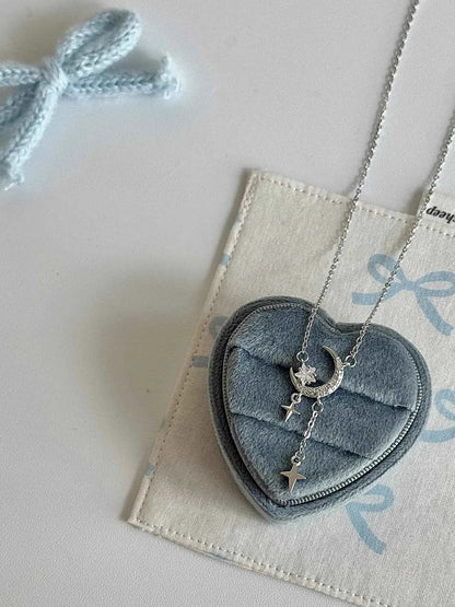 "Under the Starlight" 999 Silver Star and Moon Necklace - Romantic, Chic, and Unique.