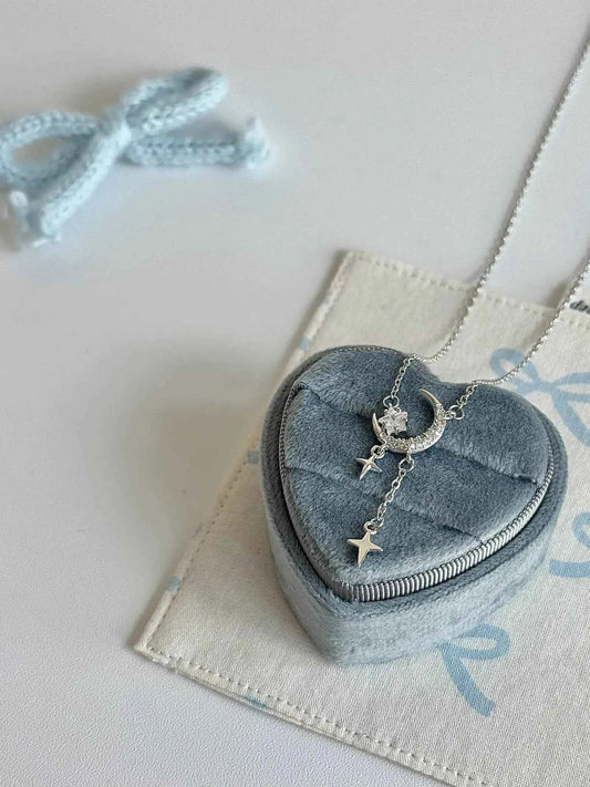 "Under the Starlight" 999 Silver Star and Moon Necklace - Romantic, Chic, and Unique.