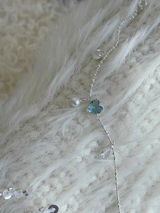 "Blue Tears" 925 Sterling Silver Heart Bracelet with Pearl - Delicate, Unique, and Ocean-Inspired.
