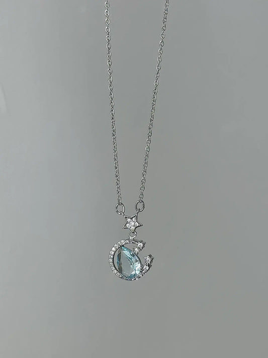 "Starry River Tranquility" Blue Star and Moon Pendant Necklace - Unique, Gentle, and Cool Chic in 925 Sterling Silver.