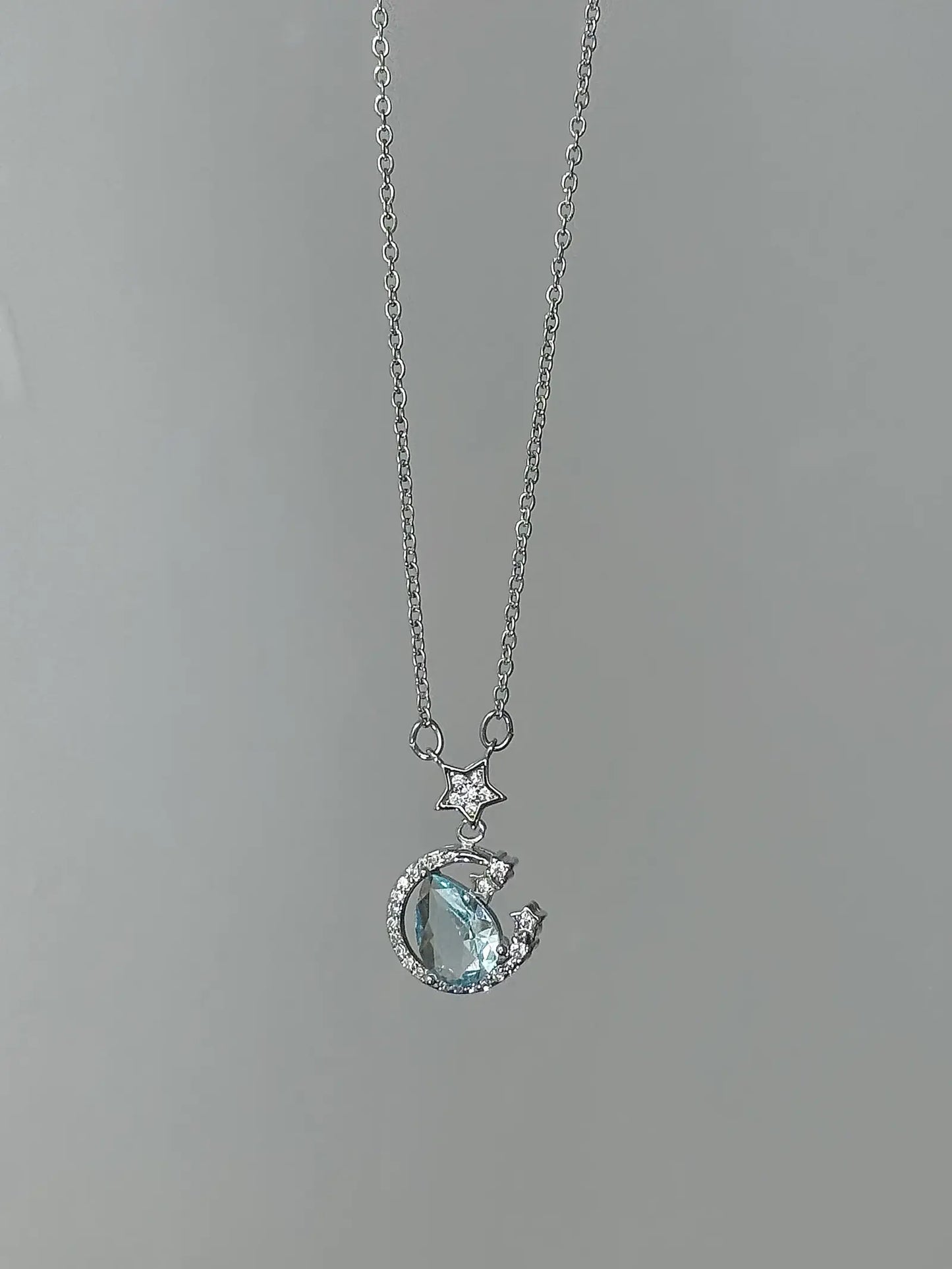 "Starry River Tranquility" Blue Star and Moon Pendant Necklace - Unique, Gentle, and Cool Chic in 925 Sterling Silver.
