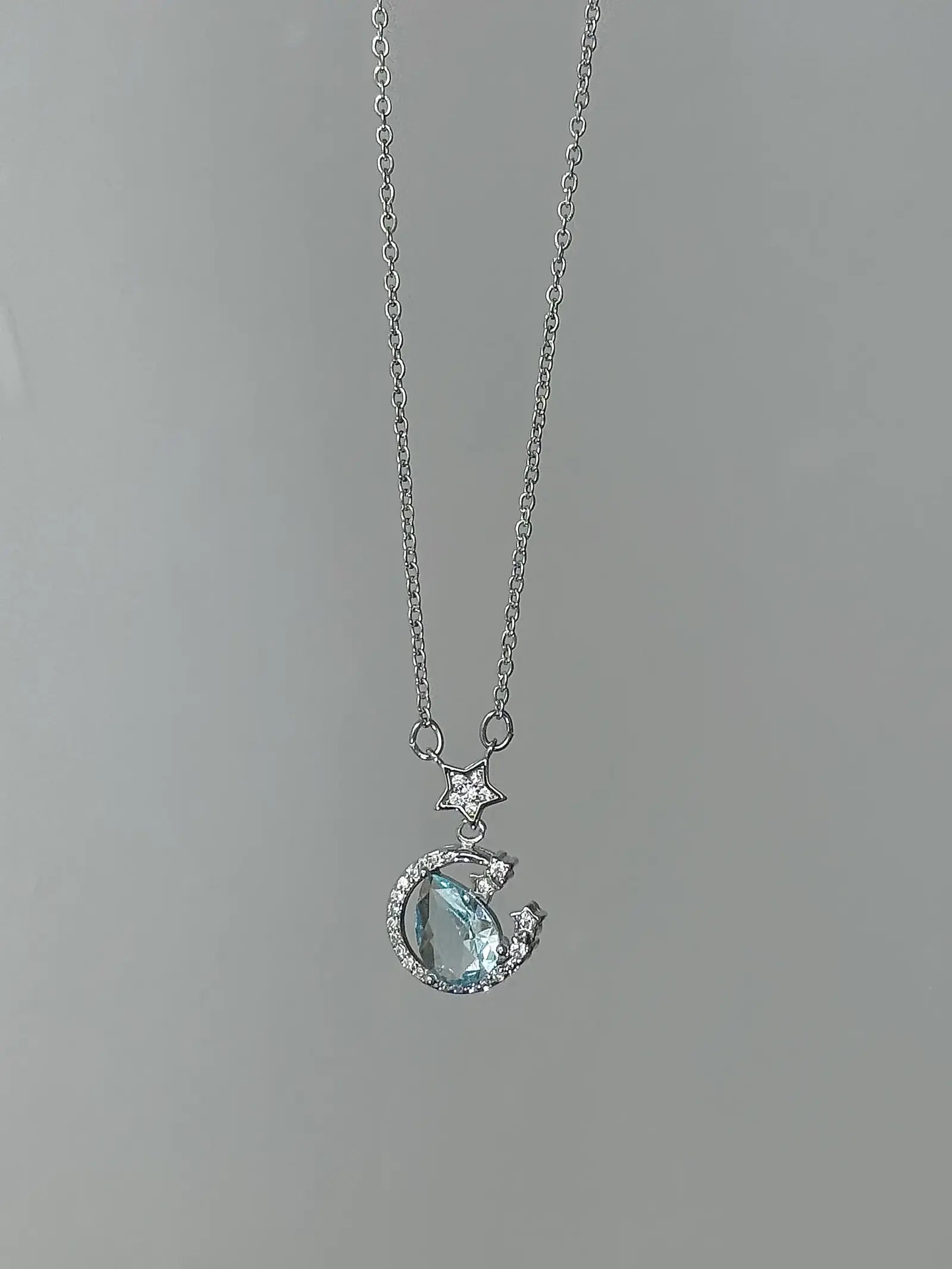 "Starry River Tranquility" Blue Star and Moon Pendant Necklace - Unique, Gentle, and Cool Chic in 925 Sterling Silver.