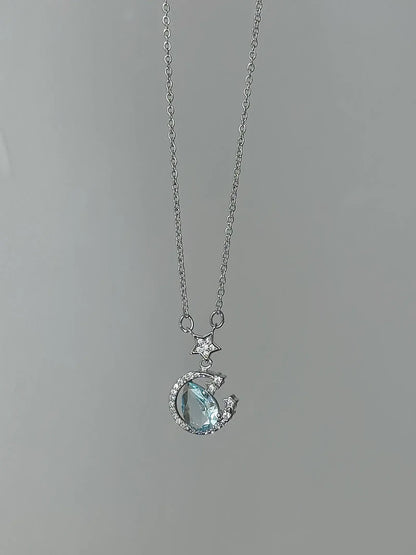 "Starry River Tranquility" Blue Star and Moon Pendant Necklace - Unique, Gentle, and Cool Chic in 925 Sterling Silver.