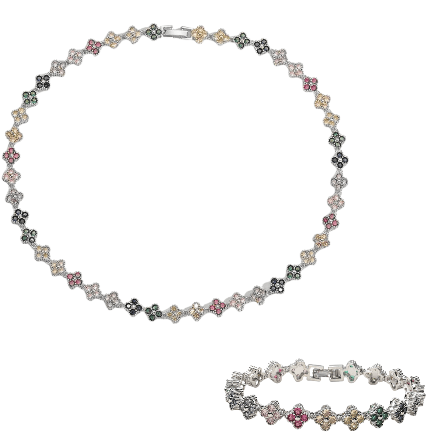 Clover Royale Brass 18K Gold-Plated 3A Zircon Floral Necklace & Bracelet Set