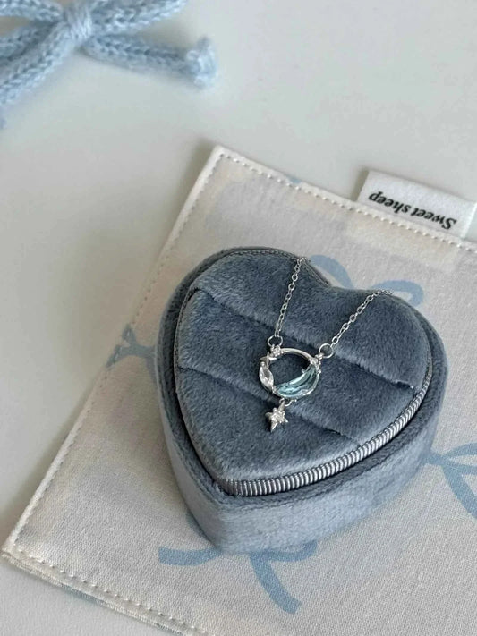 "Ice Moon Lake" 925 Sterling Silver Blue Star and Moon Pendant Necklace - Cool, Ethereal, and Unique.