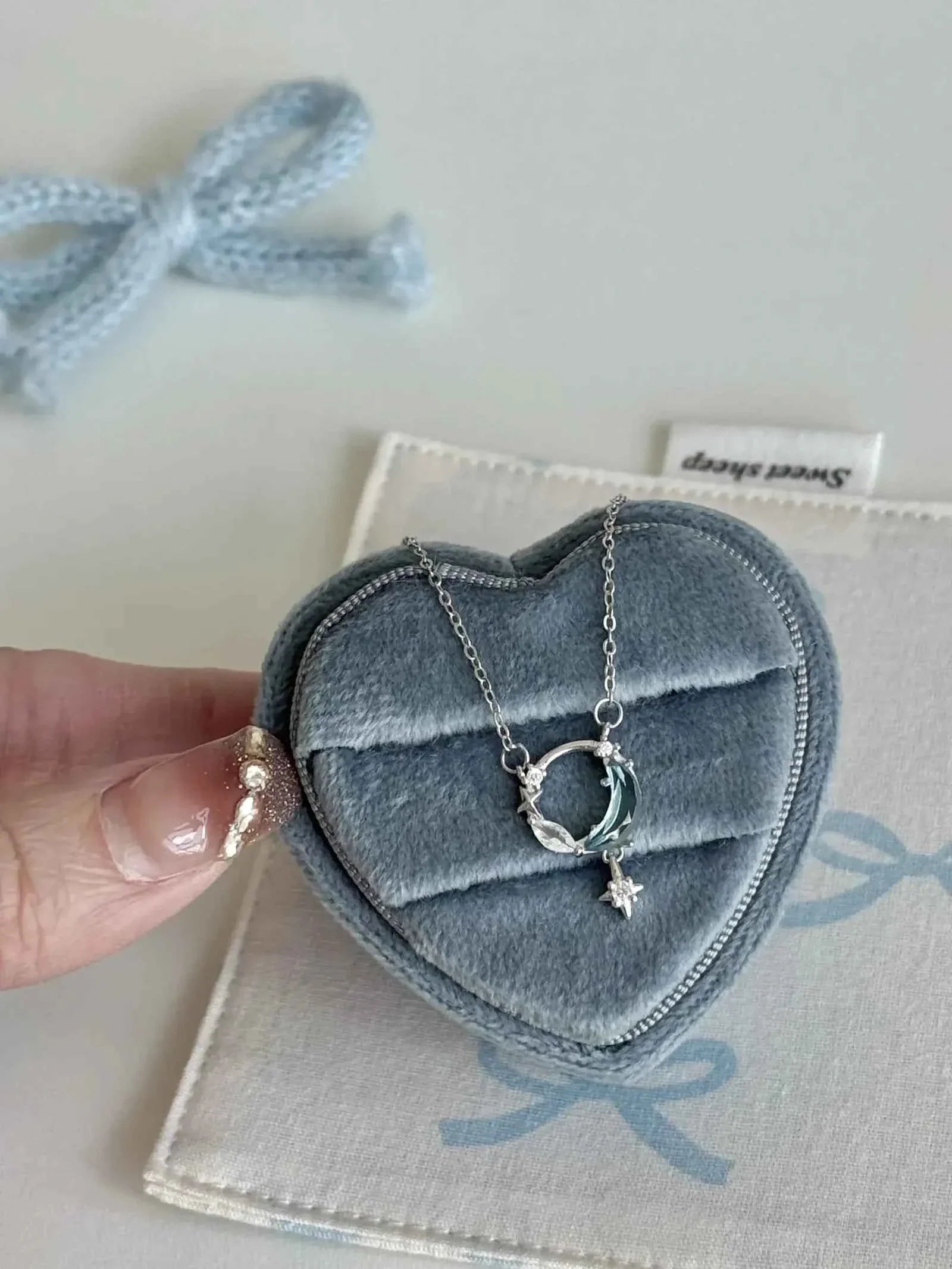 "Ice Moon Lake" 925 Sterling Silver Blue Star and Moon Pendant Necklace - Cool, Ethereal, and Unique.
