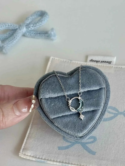 "Ice Moon Lake" 925 Sterling Silver Blue Star and Moon Pendant Necklace - Cool, Ethereal, and Unique.