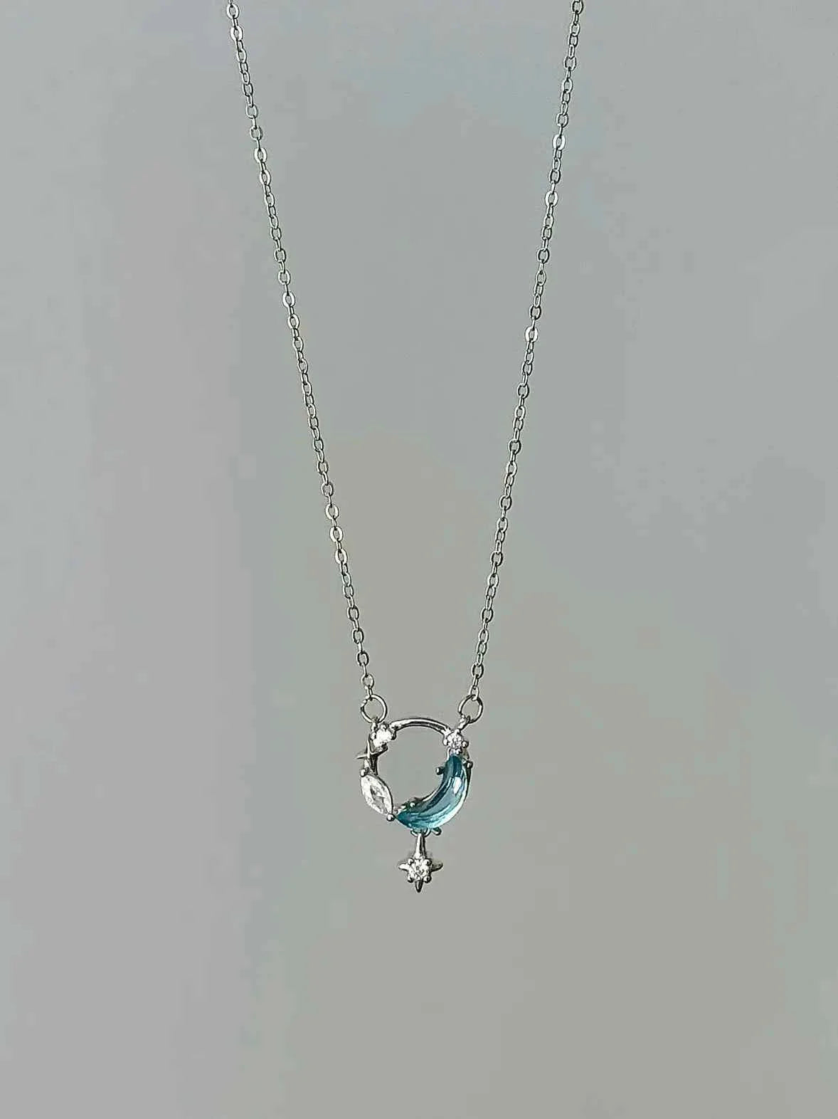 "Ice Moon Lake" 925 Sterling Silver Blue Star and Moon Pendant Necklace - Cool, Ethereal, and Unique.