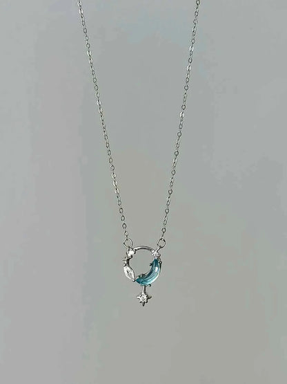"Ice Moon Lake" 925 Sterling Silver Blue Star and Moon Pendant Necklace - Cool, Ethereal, and Unique.