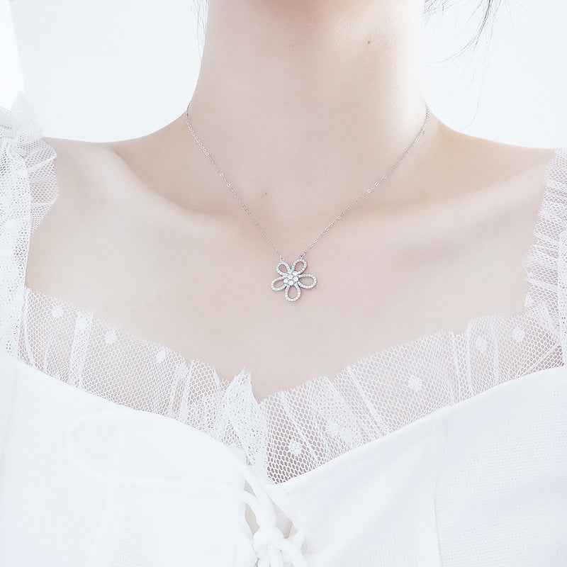 “Camellia Radiance” 925 Sterling Silver Pavé Flower Necklace
