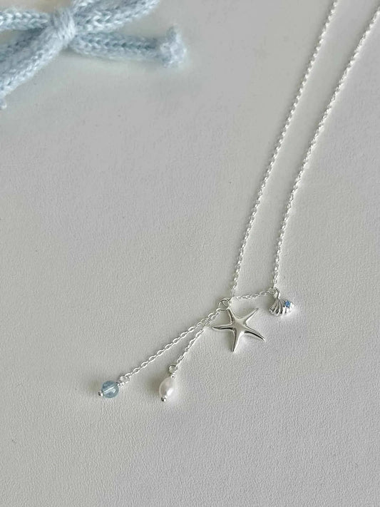 "Bubble Summer" 925 Sterling Silver Starfish, Blue Gemstone, and Pearl Necklace, Bracelet, and Earrings Set - Fresh and Elegant.