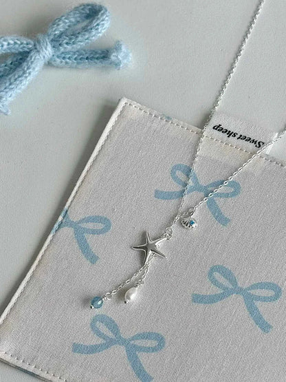 "Bubble Summer" 925 Sterling Silver Starfish, Blue Gemstone, and Pearl Necklace, Bracelet, and Earrings Set - Fresh and Elegant.