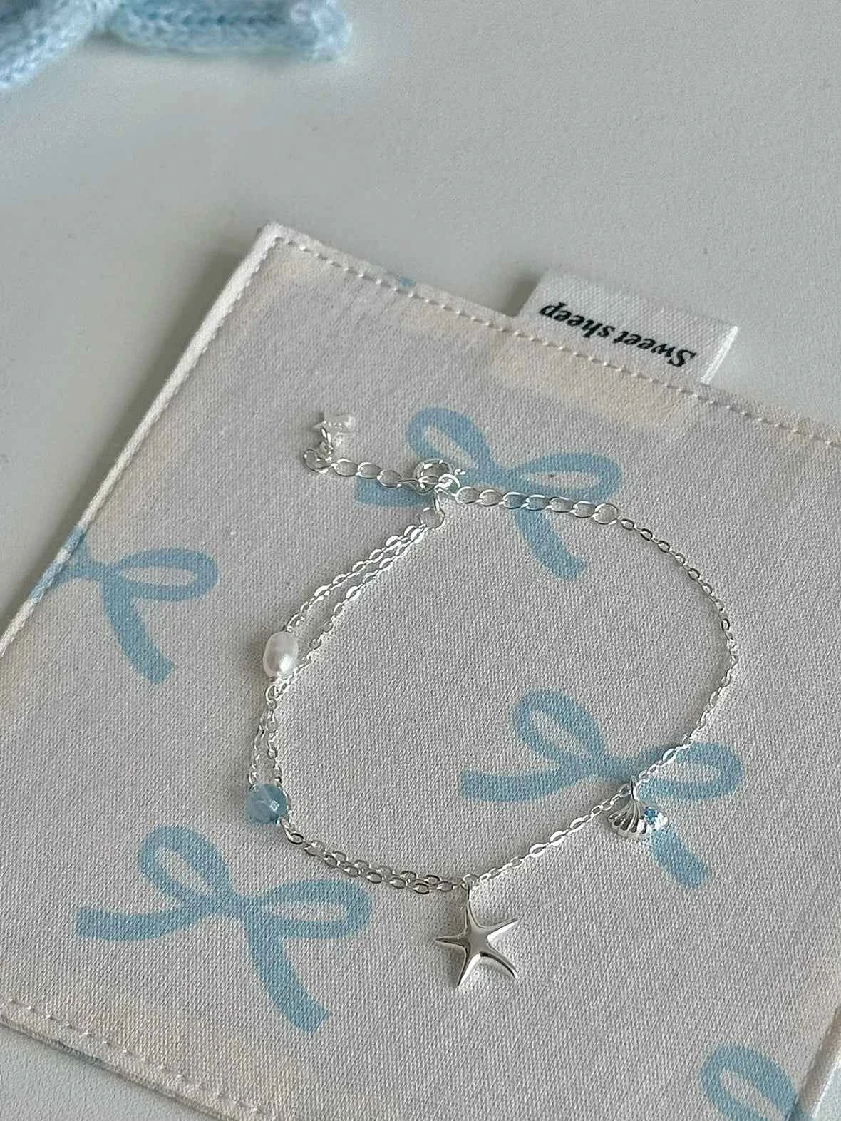 "Bubble Summer" 925 Sterling Silver Starfish, Blue Gemstone, and Pearl Necklace, Bracelet, and Earrings Set - Fresh and Elegant.