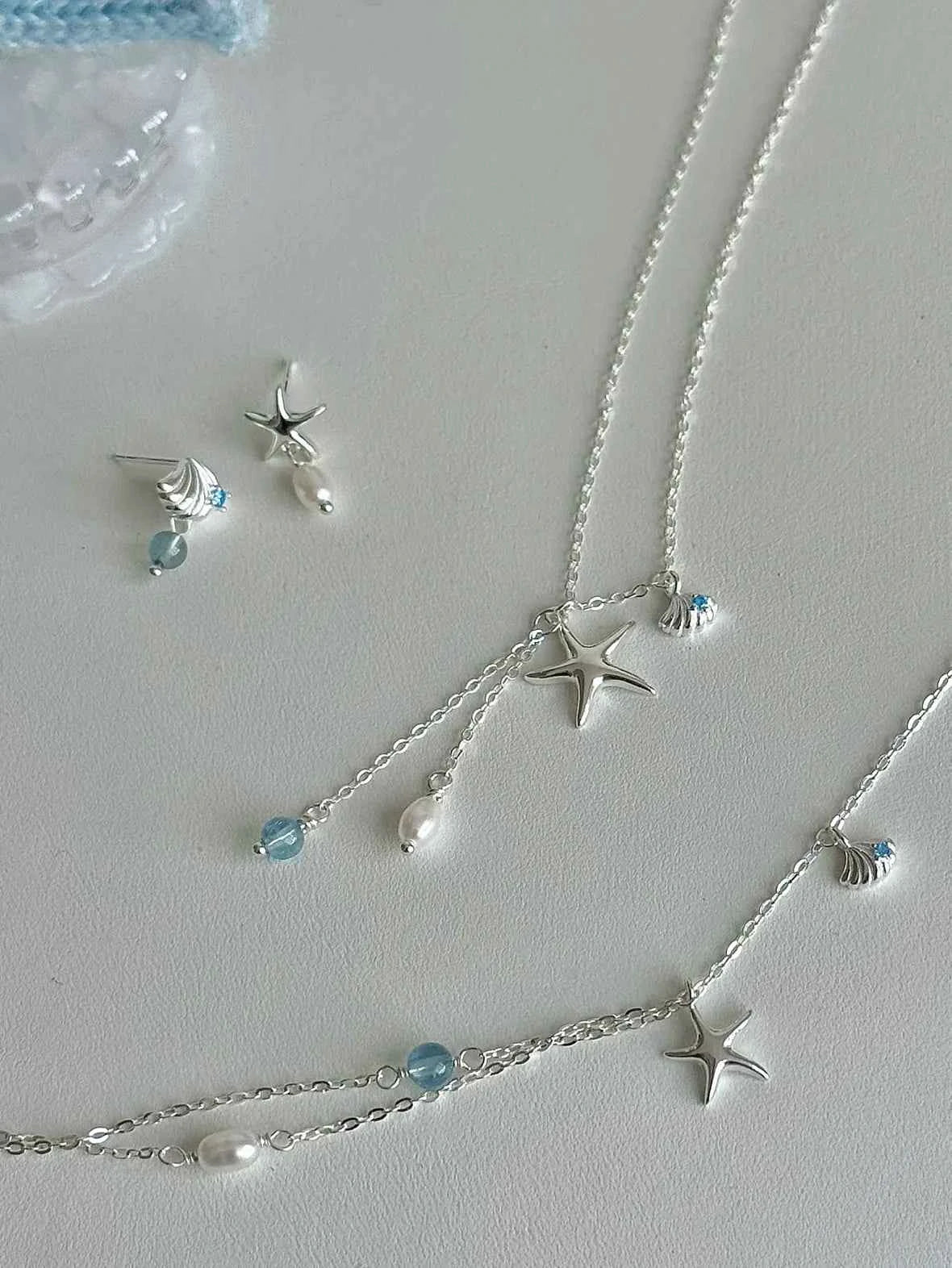 "Bubble Summer" 925 Sterling Silver Starfish, Blue Gemstone, and Pearl Necklace, Bracelet, and Earrings Set - Fresh and Elegant.
