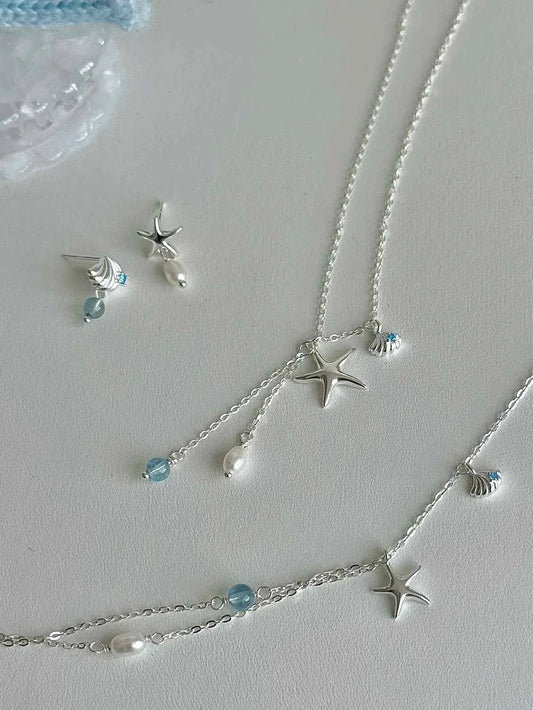 "Bubble Summer" 925 Sterling Silver Starfish, Blue Gemstone, and Pearl Necklace, Bracelet, and Earrings Set - Fresh and Elegant.