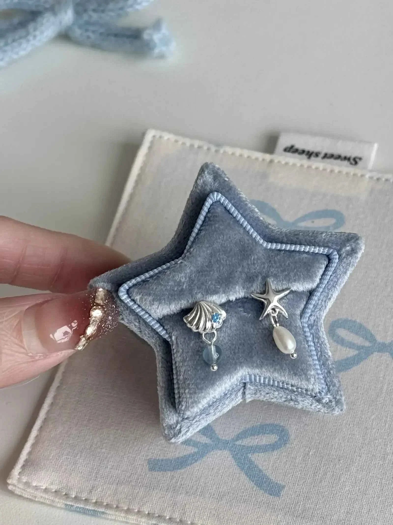 "Bubble Summer" 925 Sterling Silver Starfish, Blue Gemstone, and Pearl Necklace, Bracelet, and Earrings Set - Fresh and Elegant.