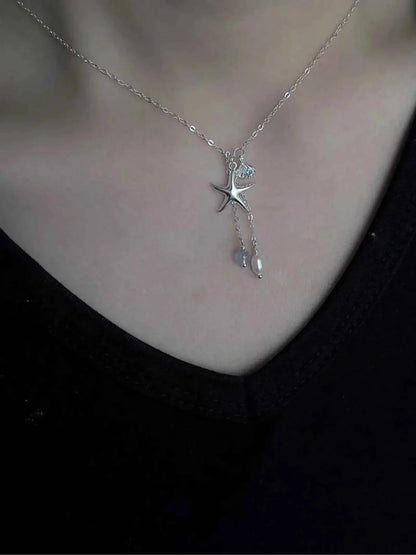 "Bubble Summer" 925 Sterling Silver Starfish, Blue Gemstone, and Pearl Necklace, Bracelet, and Earrings Set - Fresh and Elegant.