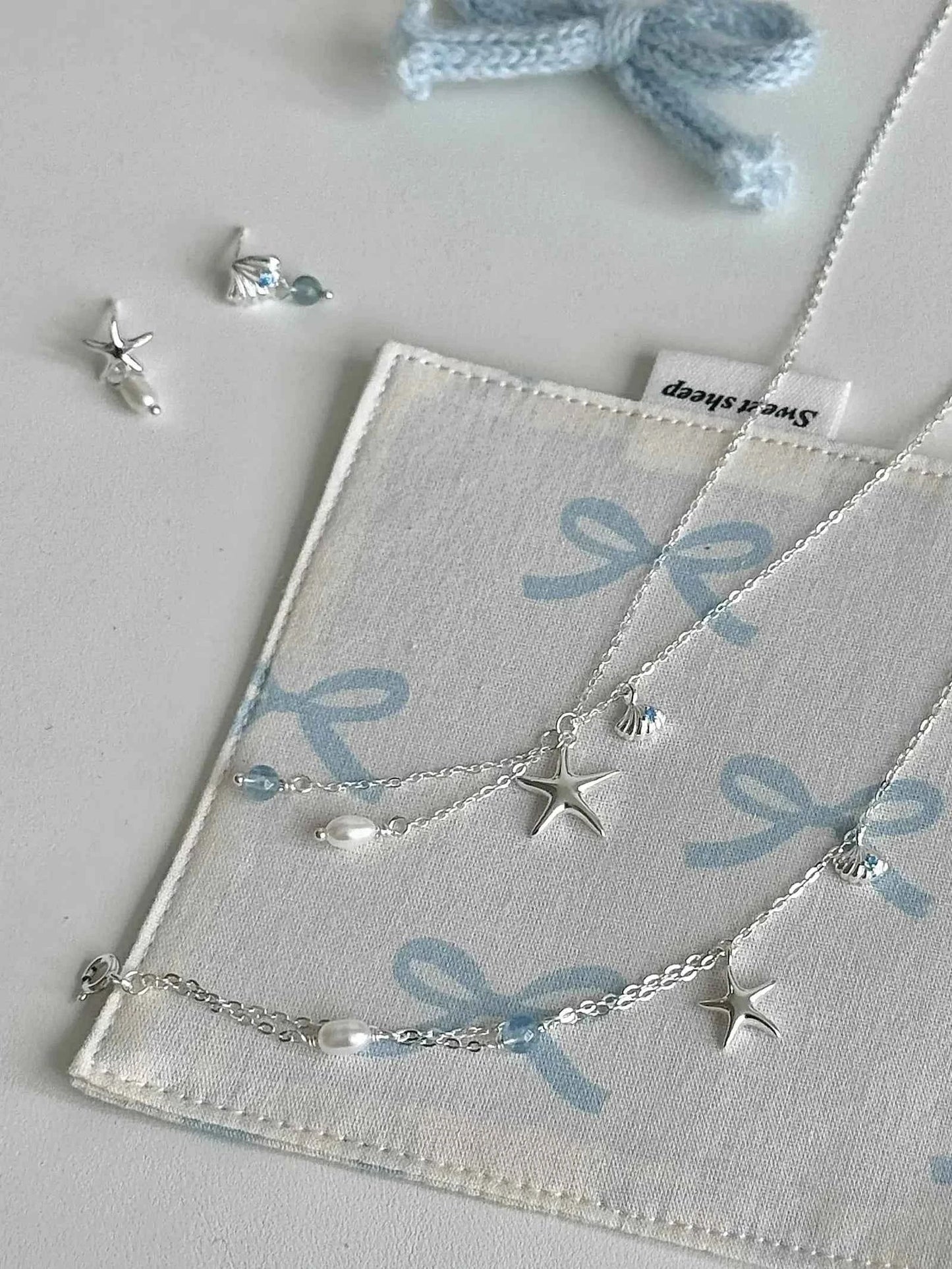 "Bubble Summer" 925 Sterling Silver Starfish, Blue Gemstone, and Pearl Necklace, Bracelet, and Earrings Set - Fresh and Elegant.