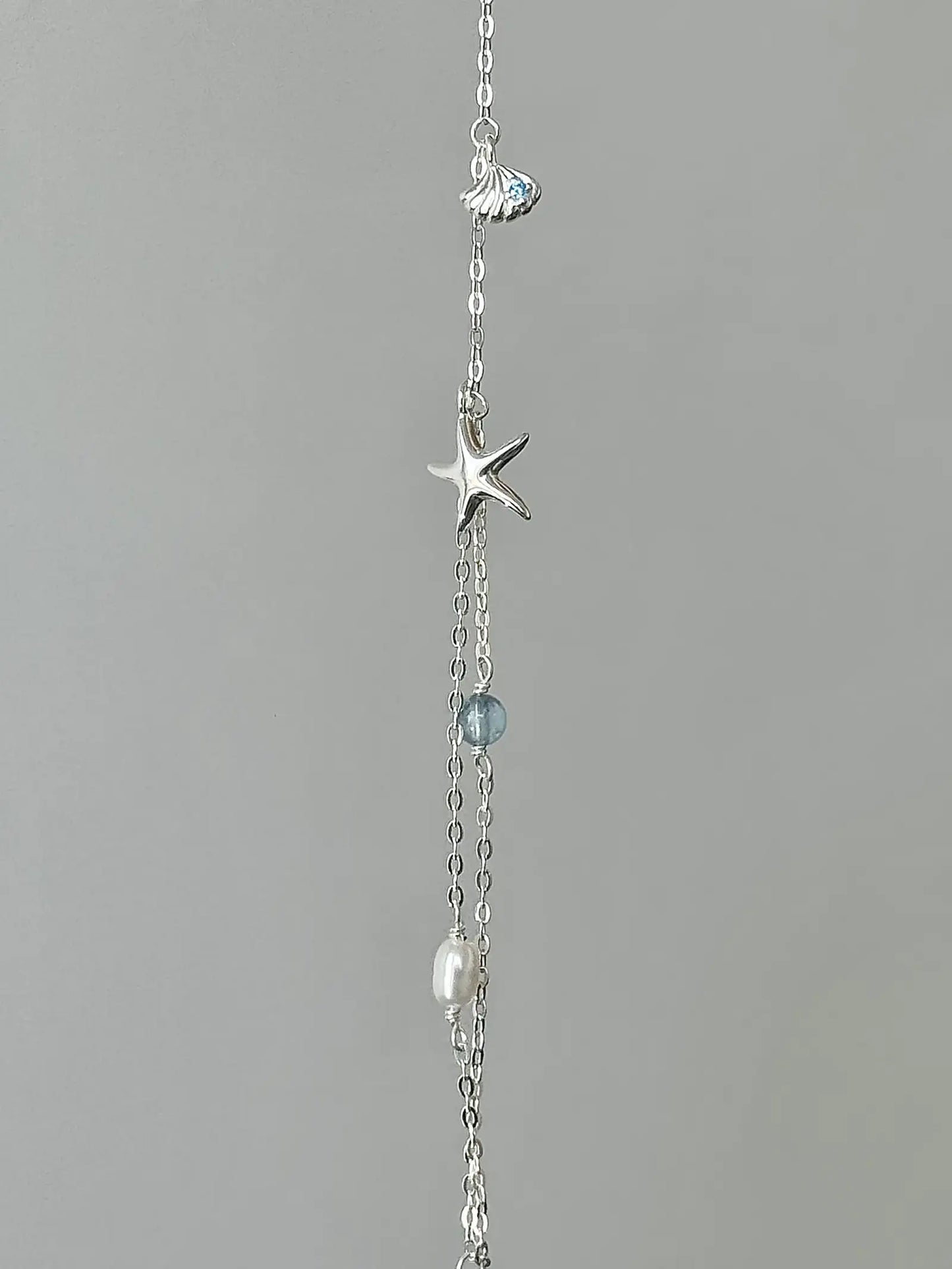 "Bubble Summer" 925 Sterling Silver Starfish, Blue Gemstone, and Pearl Necklace, Bracelet, and Earrings Set - Fresh and Elegant.