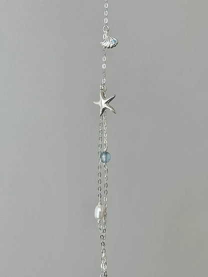 "Bubble Summer" 925 Sterling Silver Starfish, Blue Gemstone, and Pearl Necklace, Bracelet, and Earrings Set - Fresh and Elegant.