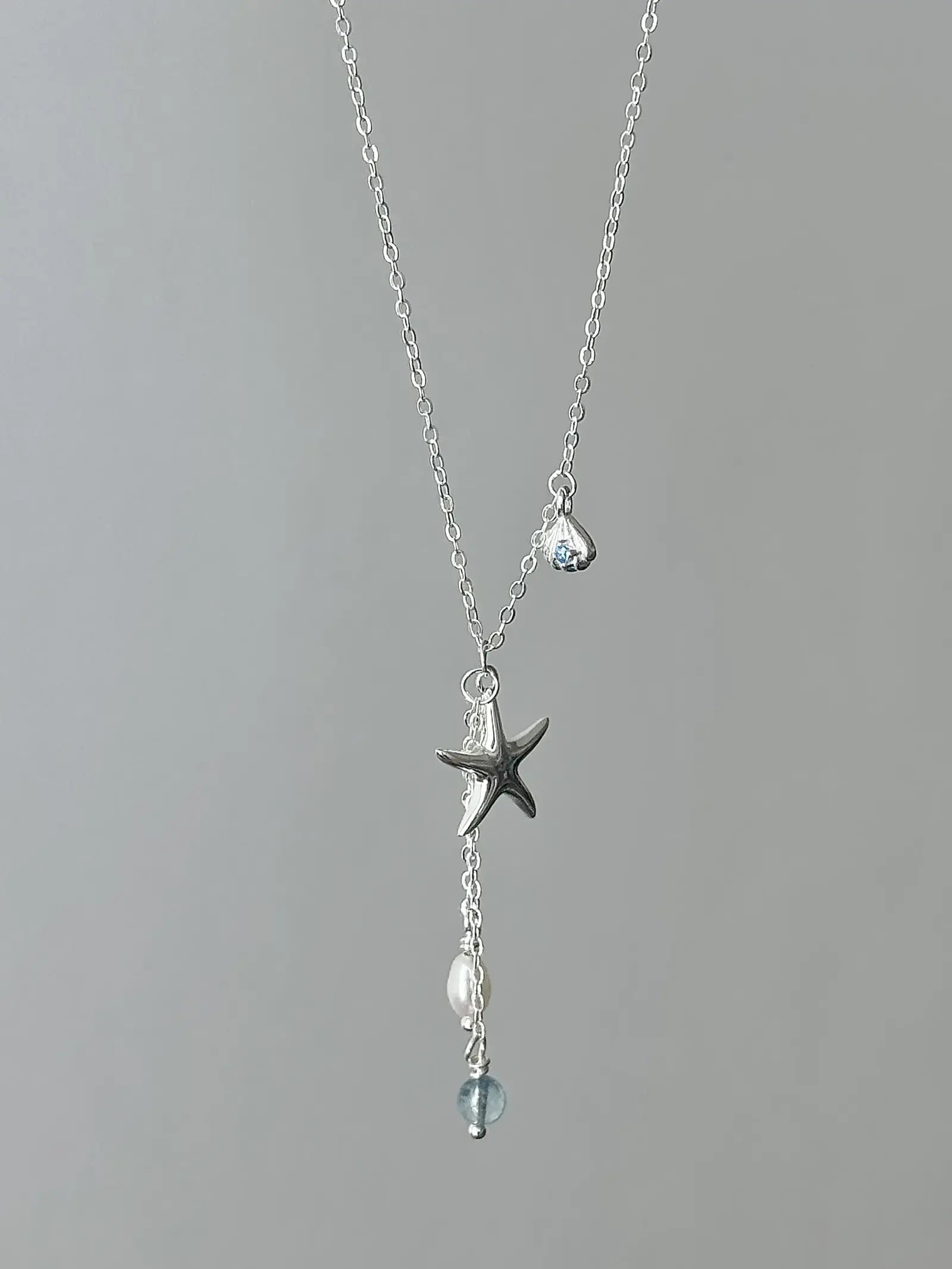 "Bubble Summer" 925 Sterling Silver Starfish, Blue Gemstone, and Pearl Necklace, Bracelet, and Earrings Set - Fresh and Elegant.