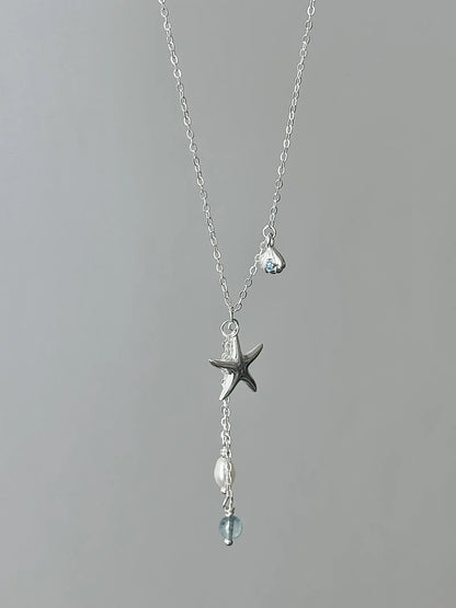 "Bubble Summer" 925 Sterling Silver Starfish, Blue Gemstone, and Pearl Necklace, Bracelet, and Earrings Set - Fresh and Elegant.