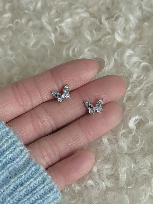 "Snow Butterfly" Blue and Pink Diamond Double-Color Butterfly Stud Earrings - Japanese Style, Delicate, and Cold Chic.