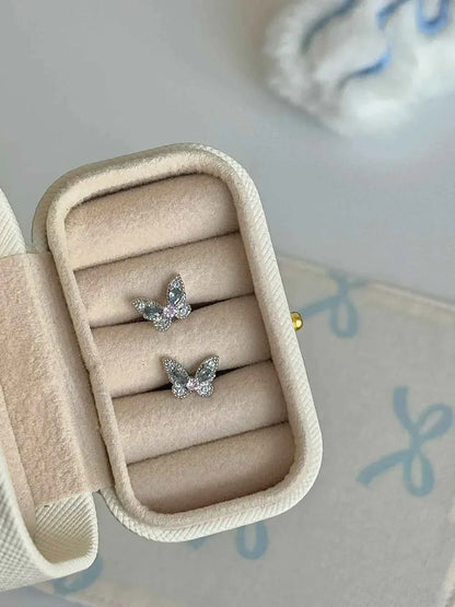 "Snow Butterfly" Blue and Pink Diamond Double-Color Butterfly Stud Earrings - Japanese Style, Delicate, and Cold Chic.