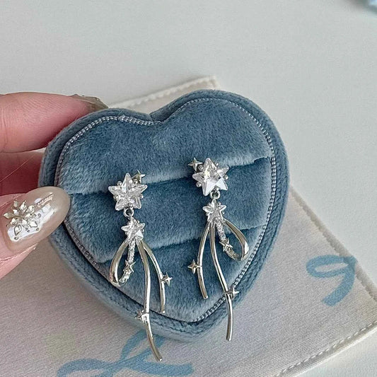 「Starlight Dream Ribbon」925 Sterling Silver Ribbon Bow Earrings with Sparkling Gems - Elegant and Versatile.
