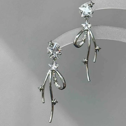 「Starlight Dream Ribbon」925 Sterling Silver Ribbon Bow Earrings with Sparkling Gems - Elegant and Versatile.