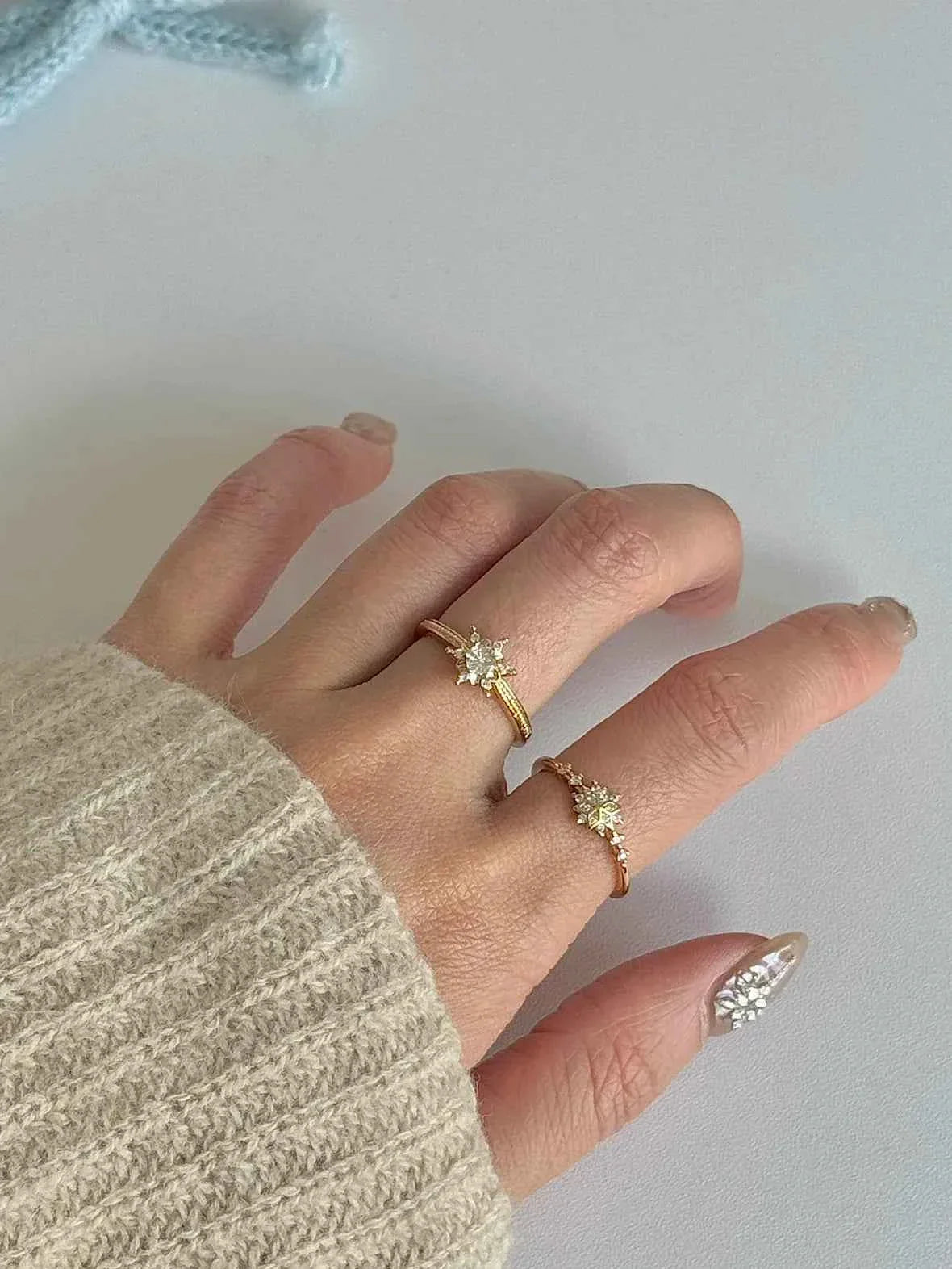 "Gilded Snowflake" 925 Sterling Silver Gold-Plated Ring with Artificial Gems - Dreamy, Luxurious, and Elegant (A Pair).