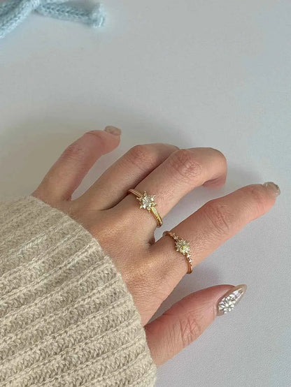 "Gilded Snowflake" 925 Sterling Silver Gold-Plated Ring with Artificial Gems - Dreamy, Luxurious, and Elegant (A Pair).