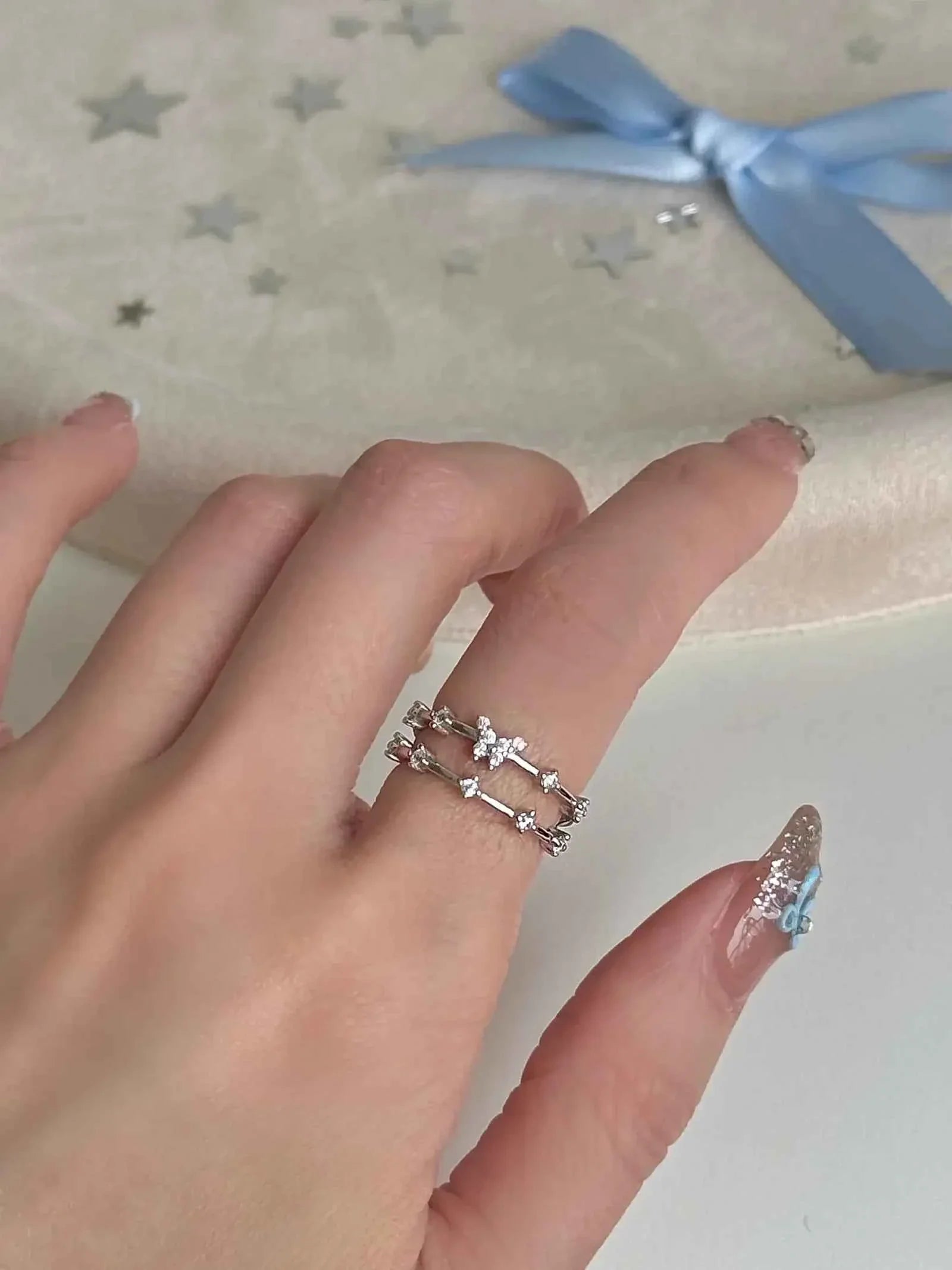 "Feather Veil" 925 Sterling Silver Double-Band Butterfly Ring with Artificial Gems - Delicate, Sparkling, and Luxe.