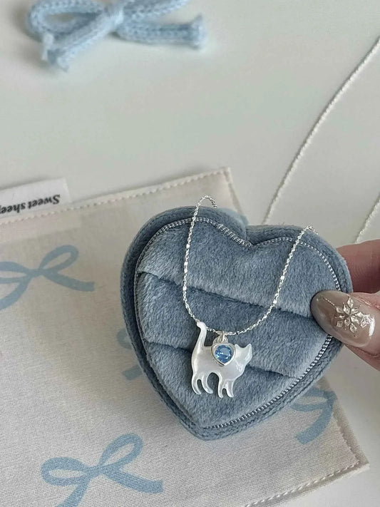 "Cloud Cat" 925 Sterling Silver Mother-of-Pearl Cat Necklace with Blue Heart Zircon - Delicate, Luxurious, and Sweet.