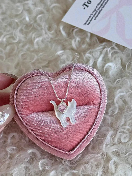 "Be Your Meow" 925 Sterling Silver Pink Heart Zircon and White Mother-of-Pearl Cat Necklace - Delicate and Elegant.
