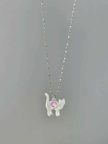 "Be Your Meow" 925 Sterling Silver Pink Heart Zircon and White Mother-of-Pearl Cat Necklace - Delicate and Elegant.