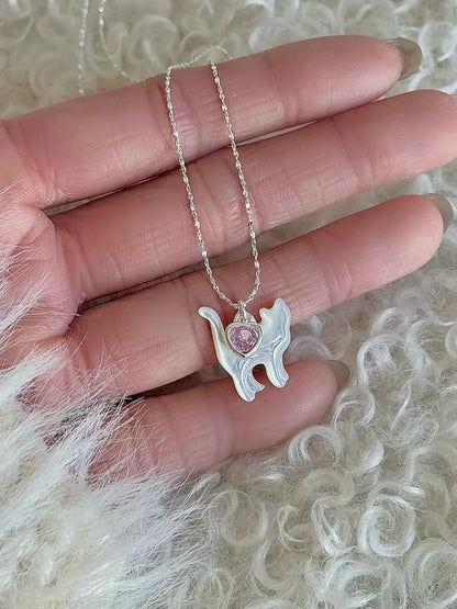 "Be Your Meow" 925 Sterling Silver Pink Heart Zircon and White Mother-of-Pearl Cat Necklace - Delicate and Elegant.