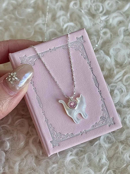"Be Your Meow" 925 Sterling Silver Pink Heart Zircon and White Mother-of-Pearl Cat Necklace - Delicate and Elegant.