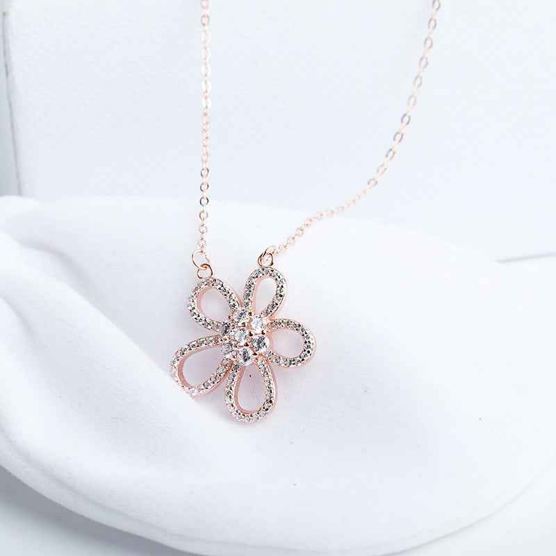 “Camellia Radiance” 925 Sterling Silver Pavé Flower Necklace
