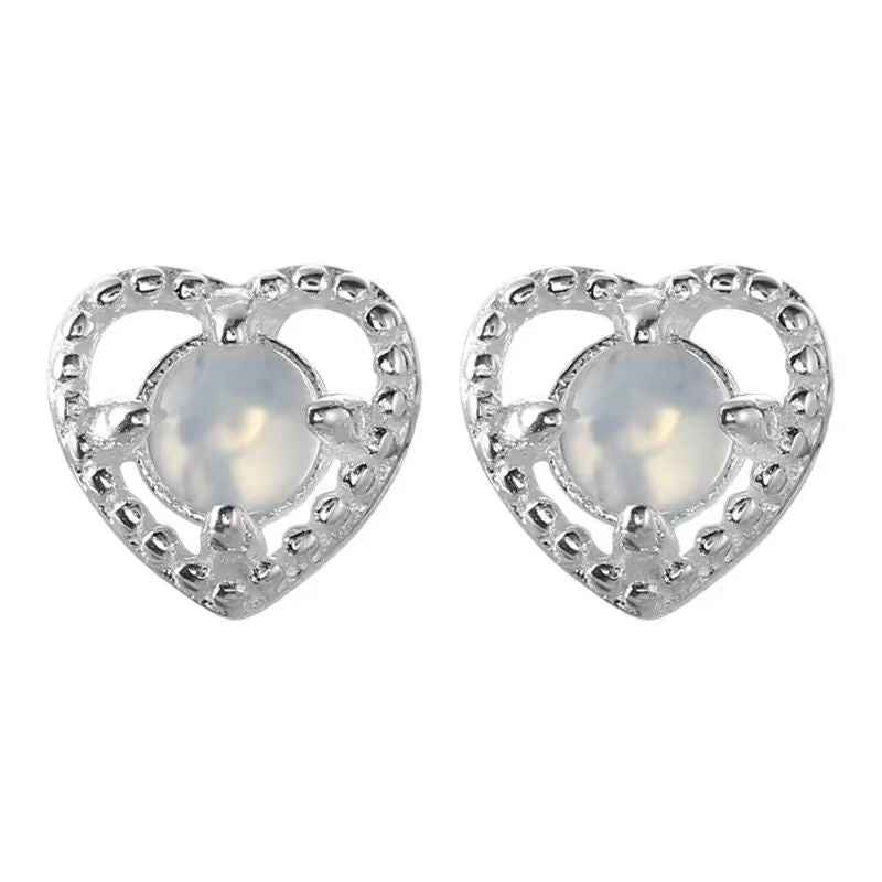 "Love Moonlight" 925 Sterling Silver Moonstone Heart Screw-back Earrings - Delicate, Elegant, and Unique.