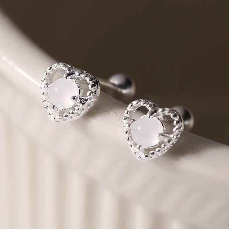 "Love Moonlight" 925 Sterling Silver Moonstone Heart Screw-back Earrings - Delicate, Elegant, and Unique.