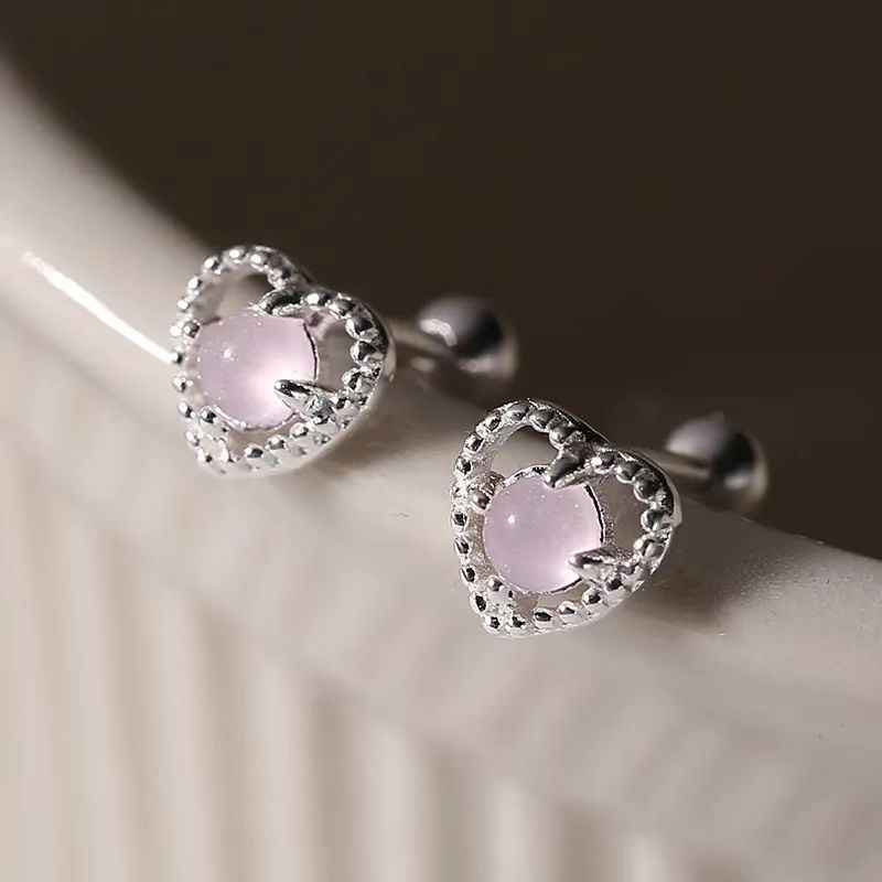 "Love Moonlight" 925 Sterling Silver Moonstone Heart Screw-back Earrings - Delicate, Elegant, and Unique.