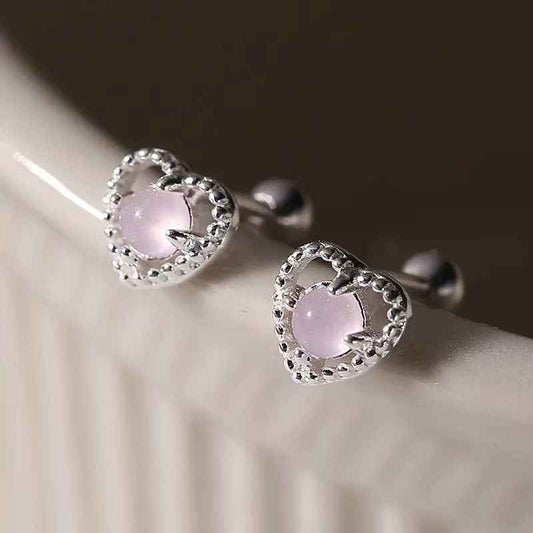 "Love Moonlight" 925 Sterling Silver Moonstone Heart Screw-back Earrings - Delicate, Elegant, and Unique.
