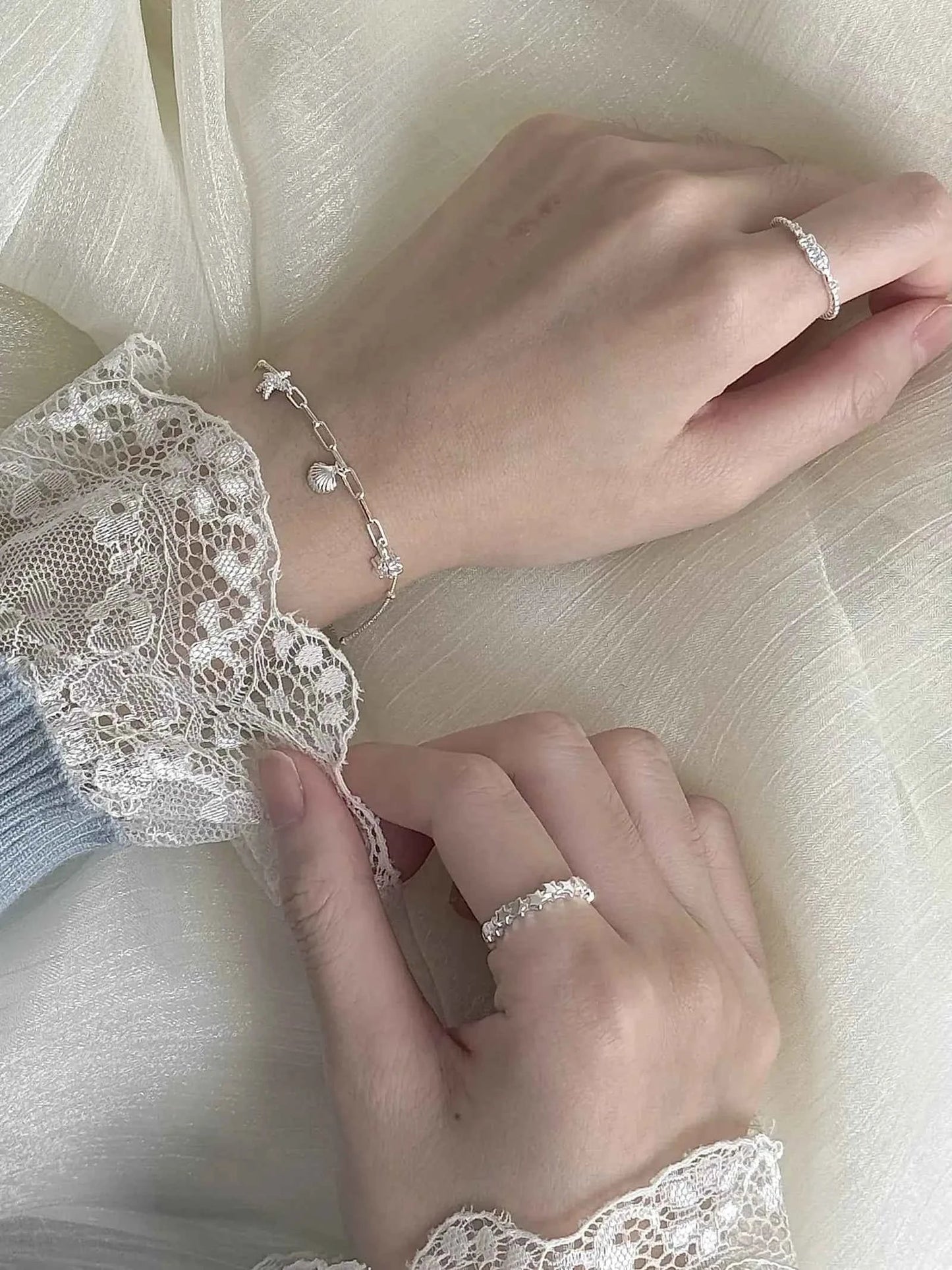 "South of France Holiday" S925 Sterling Silver Seashell and Starfish Bracelet with Fish and Star Ring - Summer, Unique, and Cool Chic.