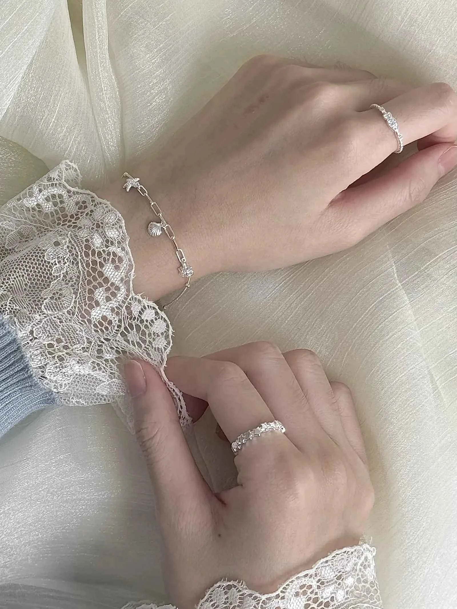 "South of France Holiday" S925 Sterling Silver Seashell and Starfish Bracelet with Fish and Star Ring - Summer, Unique, and Cool Chic.