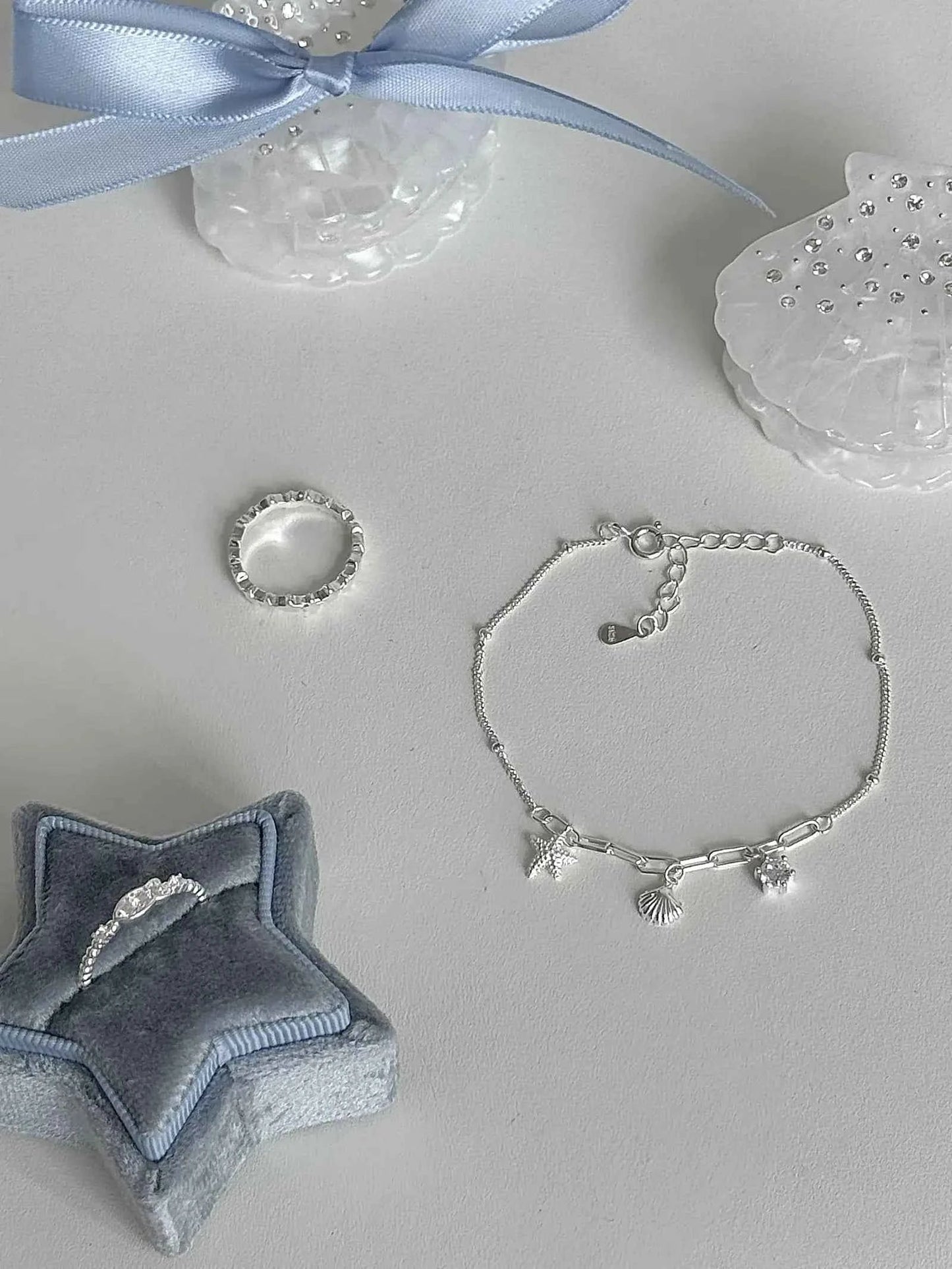 "South of France Holiday" S925 Sterling Silver Seashell and Starfish Bracelet with Fish and Star Ring - Summer, Unique, and Cool Chic.