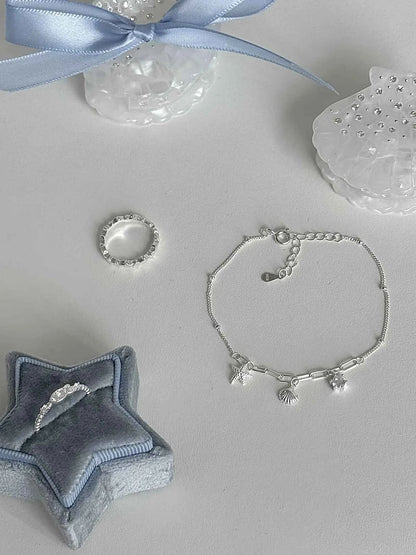 "South of France Holiday" S925 Sterling Silver Seashell and Starfish Bracelet with Fish and Star Ring - Summer, Unique, and Cool Chic.