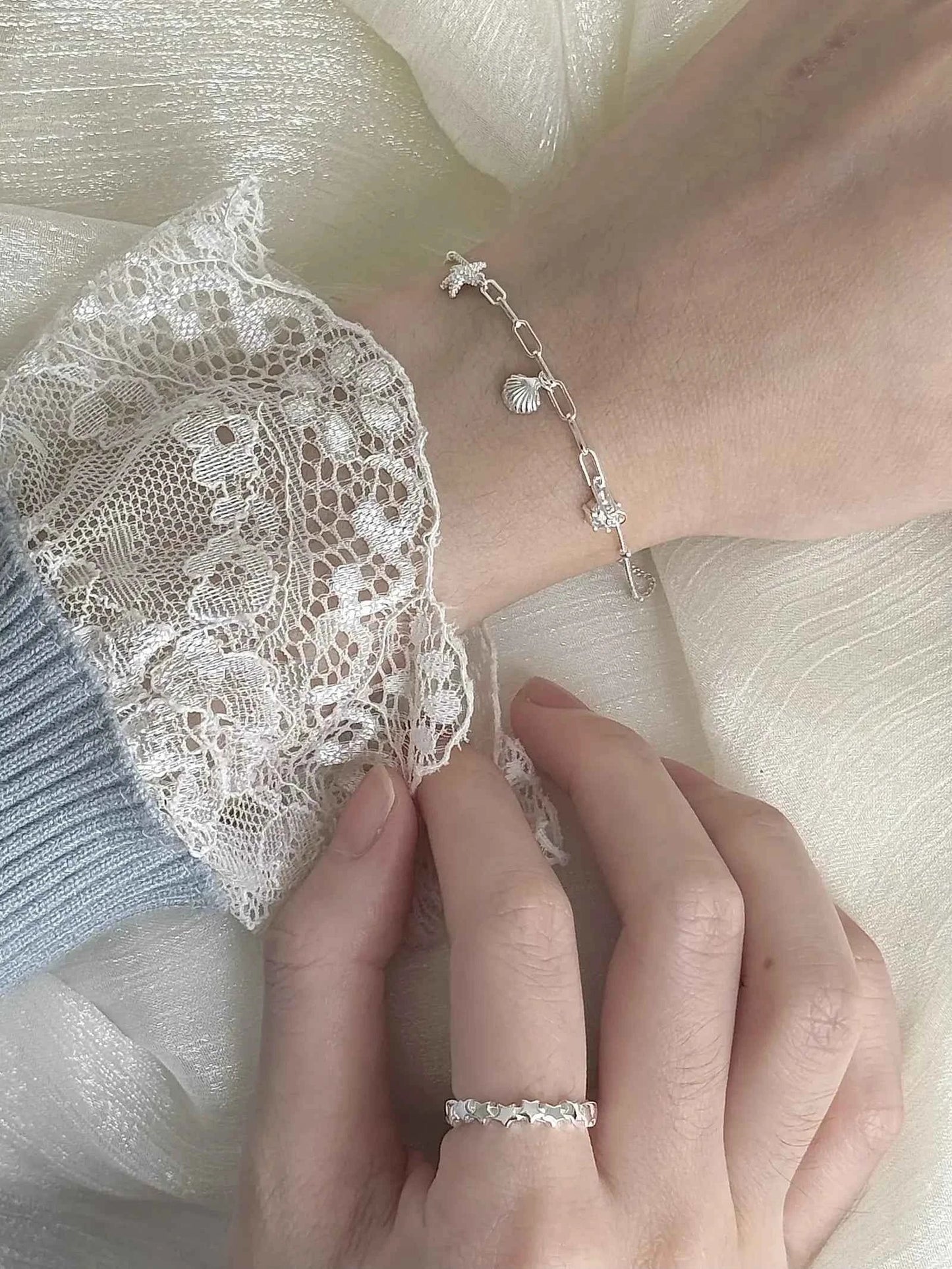 "South of France Holiday" S925 Sterling Silver Seashell and Starfish Bracelet with Fish and Star Ring - Summer, Unique, and Cool Chic.